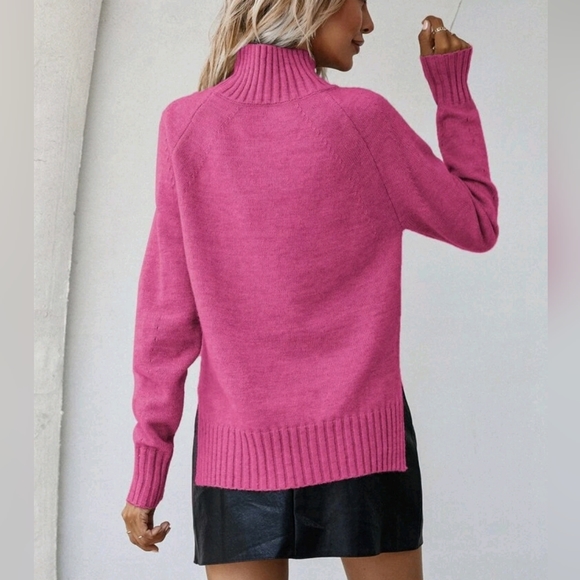 New Ribbed High Low Mock Neck Knit Sweater Top Bright Pink - Picture 7 of 9